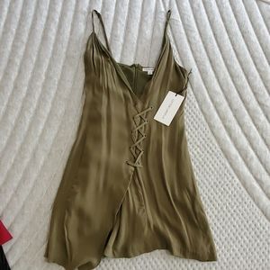 Lined olive dress with stiching detail